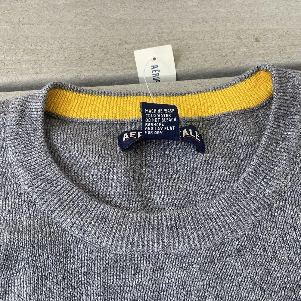 Aeropostale Y2K Striped Sweater XL Gray Yellow Ringer Neck Skater Indie Grunge